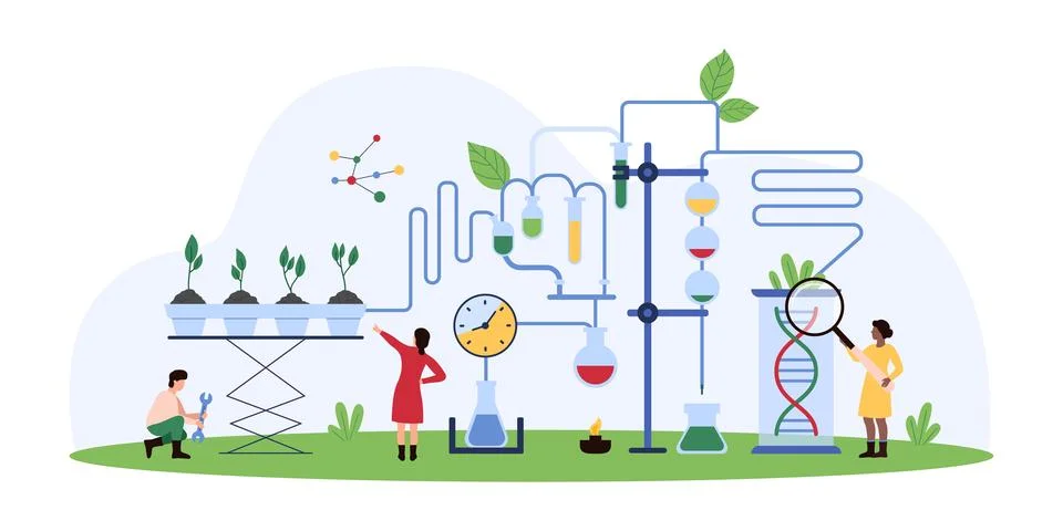 Biotechnology research by tiny people, agriculture and agronomy breeding in Illustrazione stock