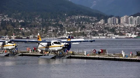 Biplane in City Harbor. Stock Footage 49979449