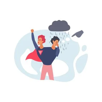 Bipolar disorder and split personality in male character, role of hero and Stock Illustration