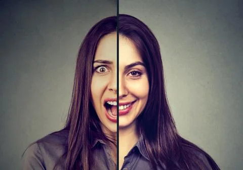 Bipolar disorder and split personality concept. Woman with double face expres Stock Photos