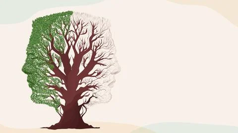 Bipolar disorder. Human face tree half green and dry showing mental health Illustrazione stock