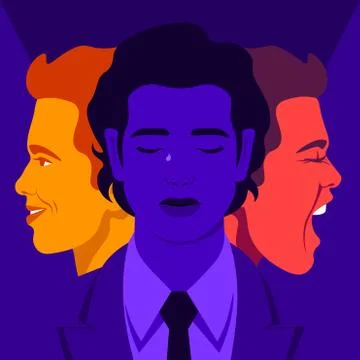 Bipolar disorder. Joy and aggression.  Male’s face in profile. Stock Illustration