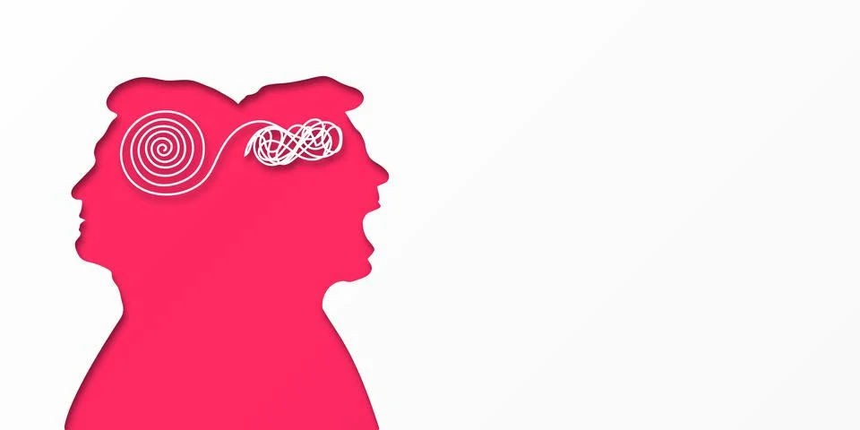 Bipolar disorder mind mental. Double silhouette of a man's head. Metaphor spl Stock Illustration