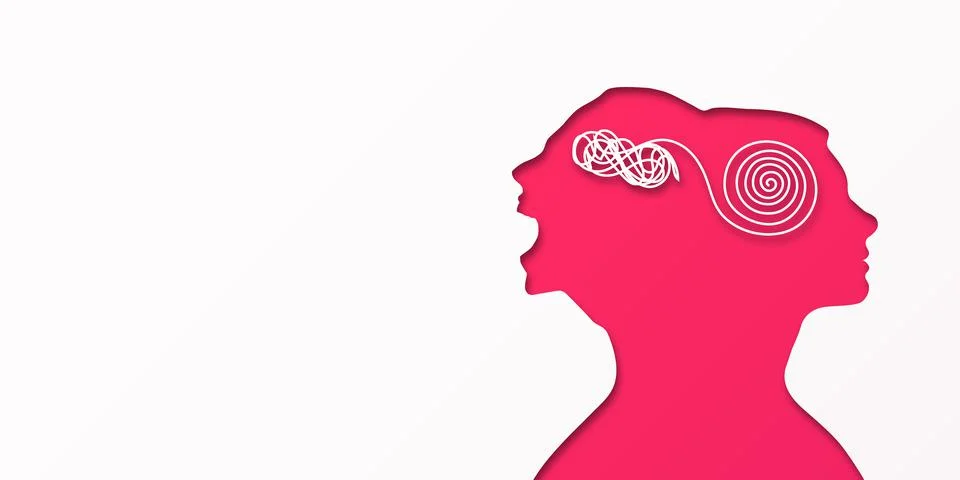 Bipolar disorder mind mental. Double silhouette of a woman's head. Metaphor s Stock Illustration