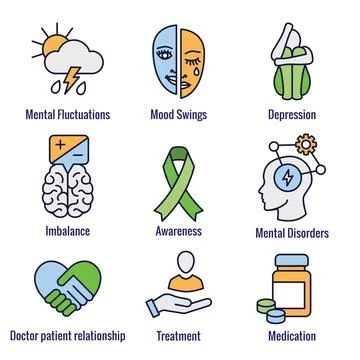Bipolar Disorder or Depression BP Icon Set Showing Mental Health Symptoms Stockillustratie