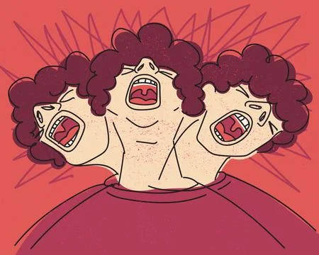 Bipolar disorder panic attack three screaming heads vector concept illustration Stock Illustration