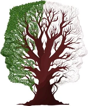 Bipolar disorder tree with human face split in green and dry branches Stock Illustration