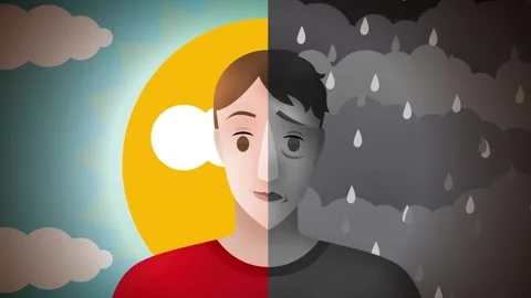 Bipolar man with sunny happy side and rainy cloudy sad side Stock-Footage 320388184