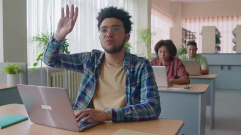 Biracial Guy Raising Hand to Ask Teacher Question during Lesson Stock Footage 254072095