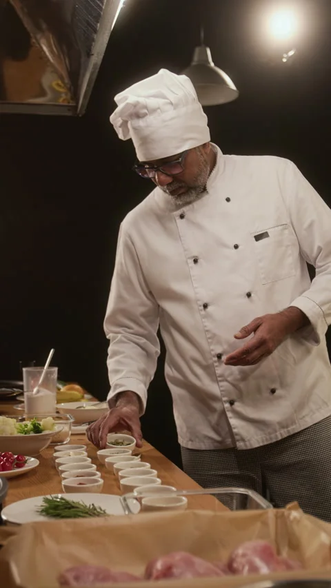 Biracial Male Chef Setting Up Ingredients On Kitchen Table In Restaurant Stock Footage 332575358