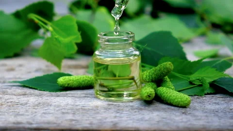 Birch bud extract in a small bottle. Selective focus. Stock Footage 155780103