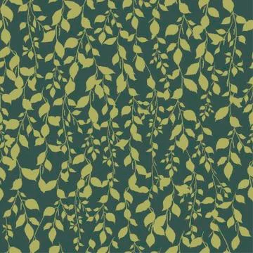 Birch leaf pattern background green khaki color silhouette of a branch, botan Stock Illustration