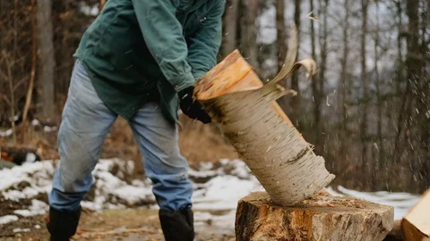 Birch log being split for firewood in slow motion Stock Footage 129336668