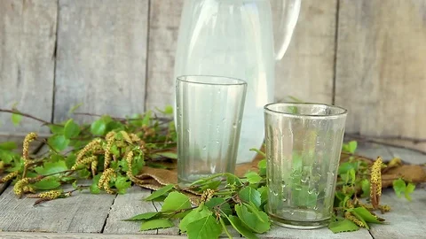 Birch sap in a glass. Stock Footage 90253185