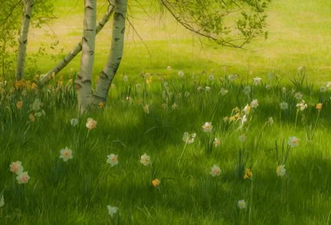 Birch tree and daffodils Stock Photos