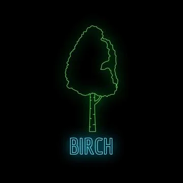 Birch tree glowing neon outline sign on black Stock Illustration
