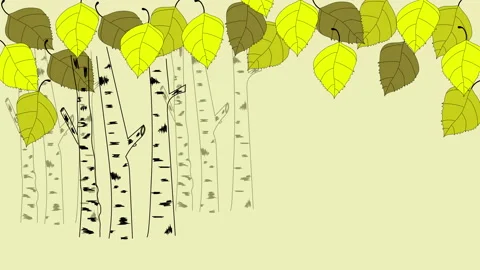 Birch trees, birch wood illustration animation. Green. Yellow. Nature background Stock Footage 136399341