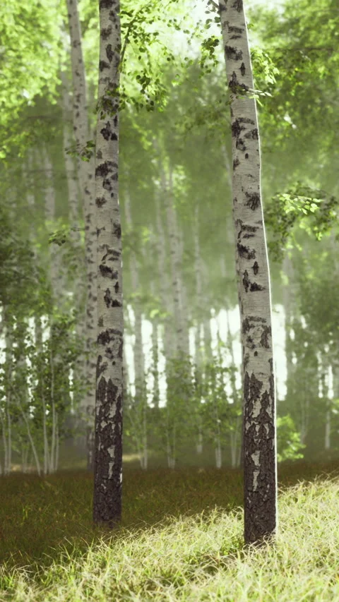Birch trees in a forest during a sunny day with green leaves Stock Footage 342933996