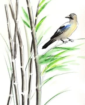 Bird and bamboo Stock Illustration