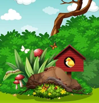Bird and bugs in the garden Stock Illustration