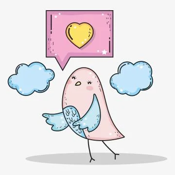 Bird and chat bubble with heart message and clouds Stock Illustration
