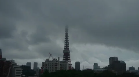 Bird and Cloud on Tokyo Tower Stock Footage 30606062
