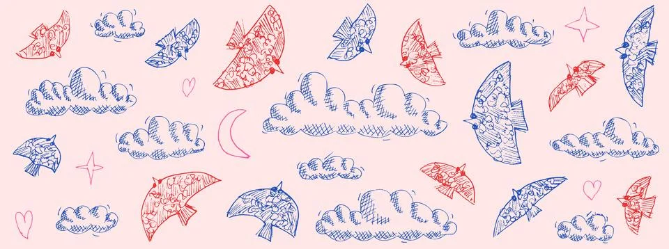 Bird and clouds set in red and blue ink with folk wing sketch on pink. Naive Stock Illustration