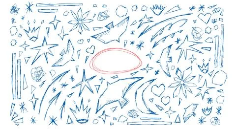 Bird and doodle set in blue pen sketch with stars, crowns and arrows. Naive Ilustração Stock