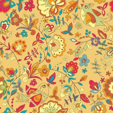 Bird and flower ornament pattern. Seamless vector floral texture Stock Illustration