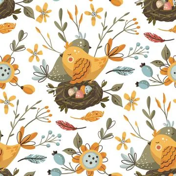 Bird and flower seamless vector pattern. Stock Illustration