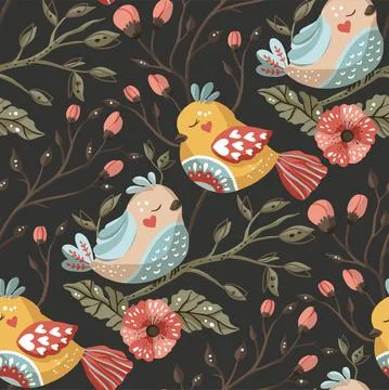 Bird and flower seamless vector pattern. Stock Illustration