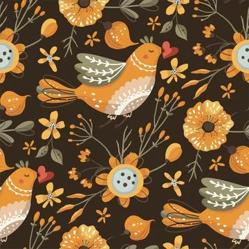 Bird and flower seamless vector pattern. Stock Illustration