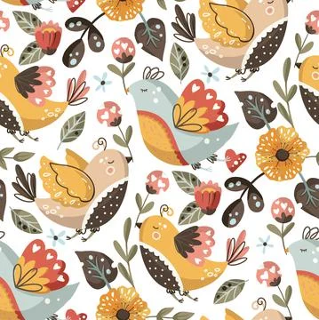 Bird and flower seamless vector pattern. Stock Illustration