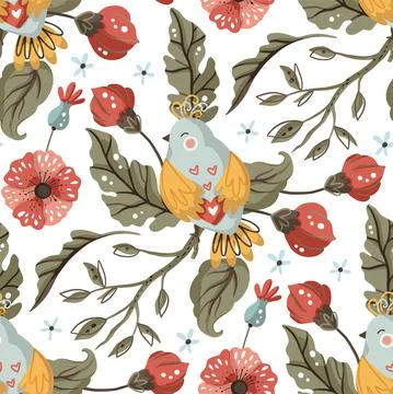 Bird and flower seamless vector pattern. Stock Illustration