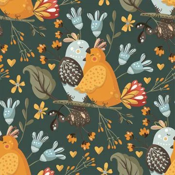 Bird and flower seamless vector pattern. Stock Illustration