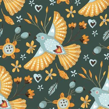 Bird and flower seamless vector pattern. Stock Illustration