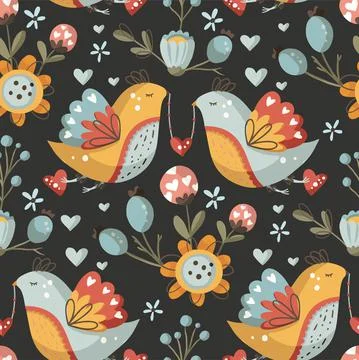 Bird and flower seamless vector pattern. Stock Illustration