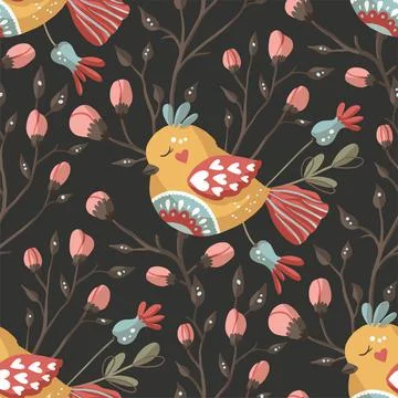 Bird and flower seamless vector pattern. Stock Illustration