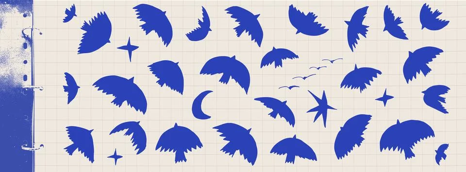 Bird and fly flock as flat silhouette on notebook paper with moon. Flying bird Ilustração Stock