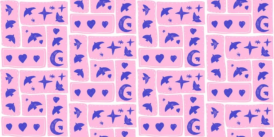 Bird and moon bento patchwork tiles on pink in a seamless pattern design. Crayon Illustrazione stock