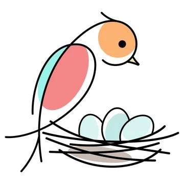 Bird and a nest with three bird eggs Stock Illustration
