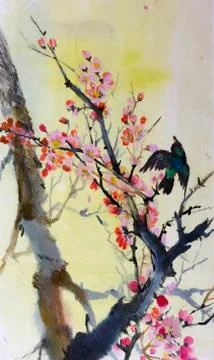 Bird on a branch of plum Stock Illustration
