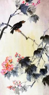 Bird on a branch of sakura Illustrazione stock