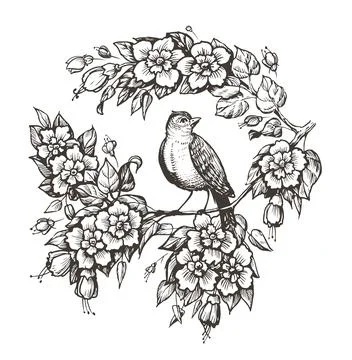 Bird on branch vector. Nightingale and flowers hand drawn sketch in vintage Stock Illustration