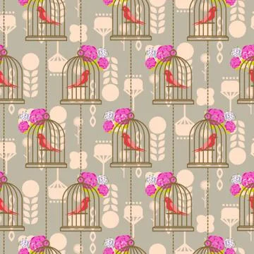 Bird cage romantic seamless vector pattern roses wallpaper. Illustrazione stock
