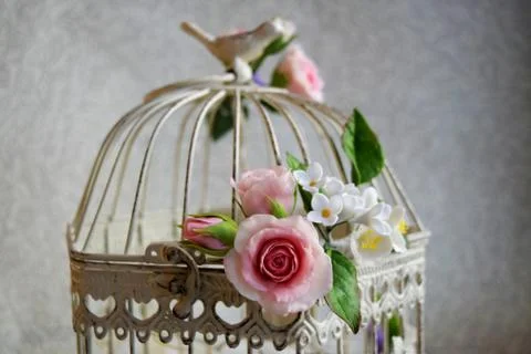 Bird cage with spring blossom flowers. Wedding decorations. Stock Photos