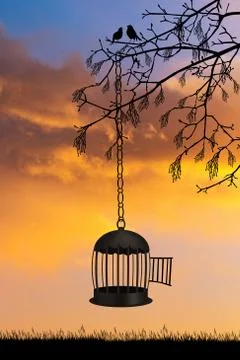 Bird cage at sunset Stock Illustration