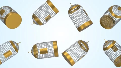 Bird Cages Falling on a Light Blue Background. Metal Bird Cage 3D. 4K Stock-Footage 307021678