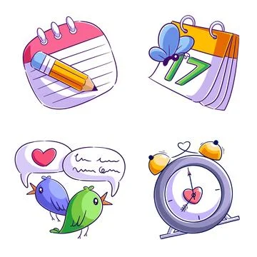 Bird, calendar, clock and notebook design, hand drawn style set Stock Illustration