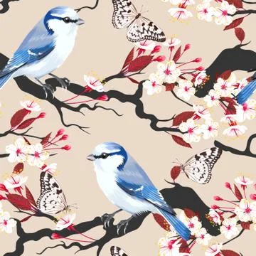 Bird on cherry branch seamless Stock Illustration